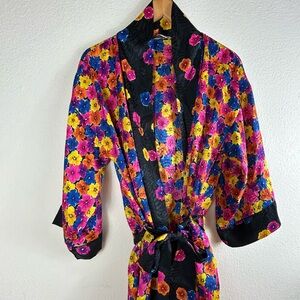 Dior Floral Velvet Robe in Black with Pink, Yellow & Blue Flowers